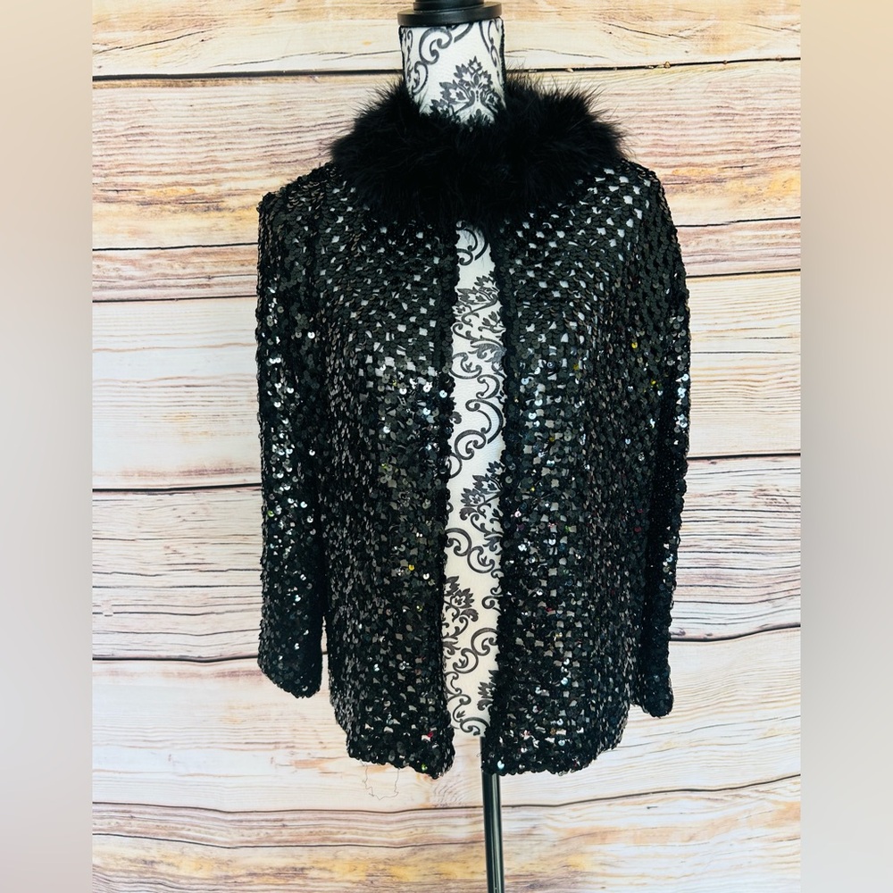 Women’s 60’s Vintage Black Feather Collar Long Sleeve Sequin Crochet Cardigan